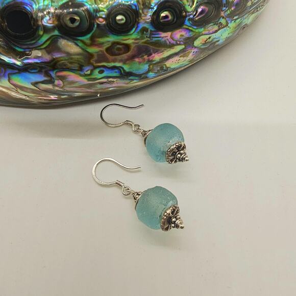 Recycled Grn Vintage Ghana Glass Beads Hill Tribe Sterling Earrings - Picture 5 of 8